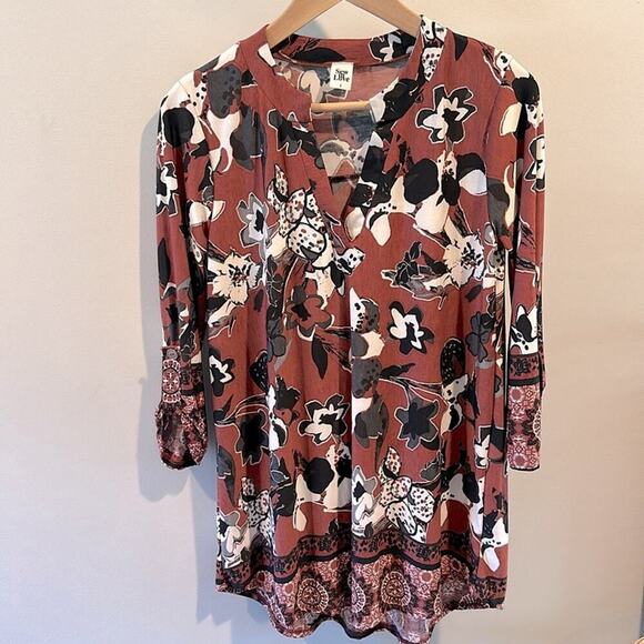 Sew In Love Small Rust Boho Abstract Floral Splitneck Tunic Blouse - Picture 1 of 7